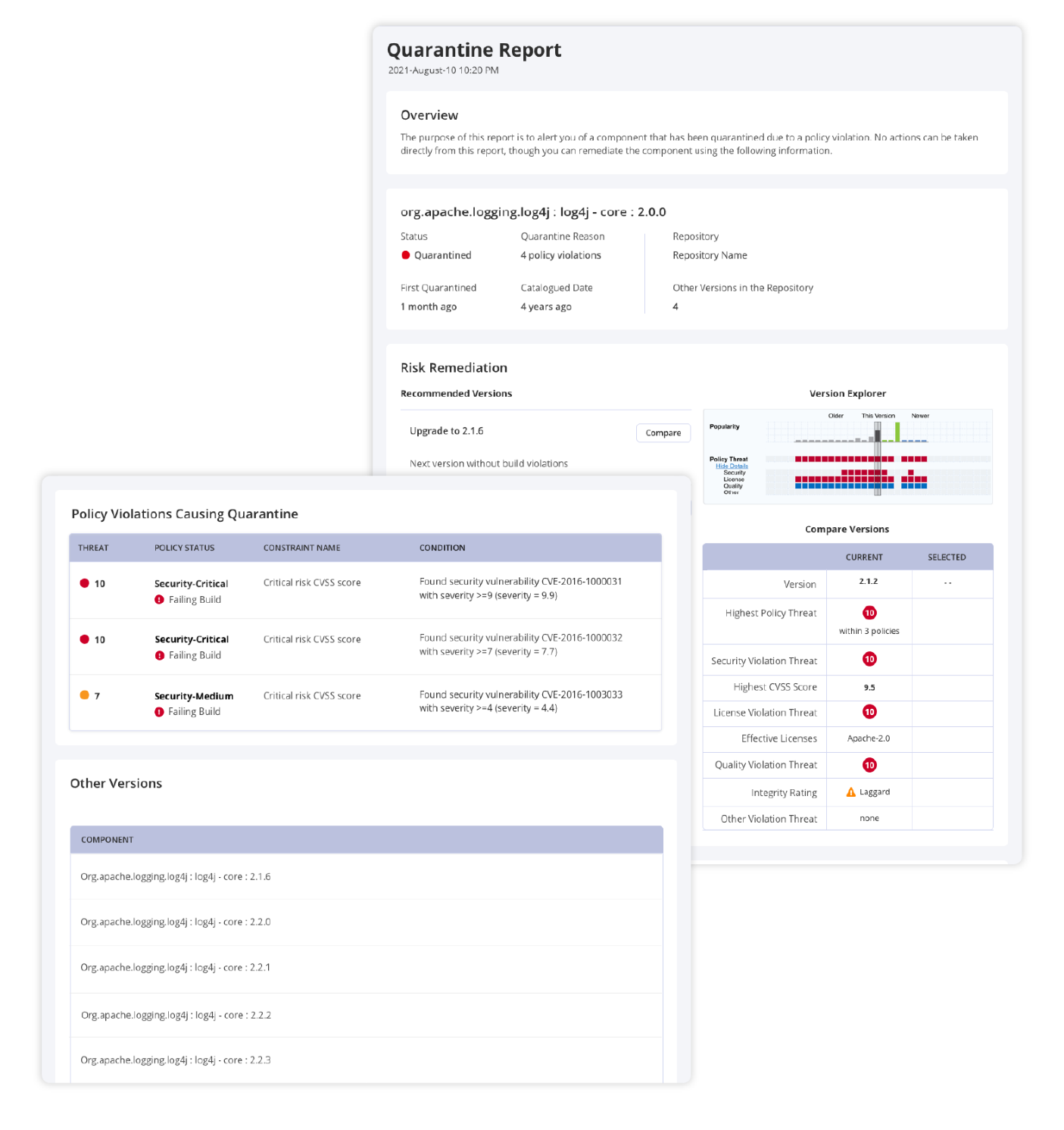 View of of the available Quarantine Report in the Anonymous Developer View