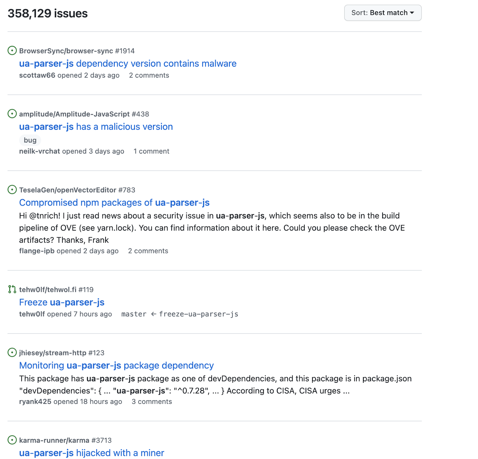 Screenshot of issues listing