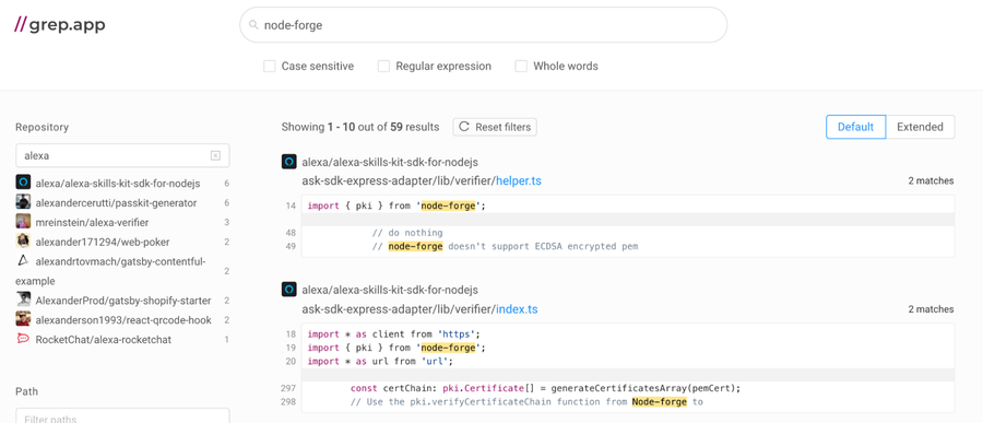 grep.app results showing the use of node-forge in Alexa projects