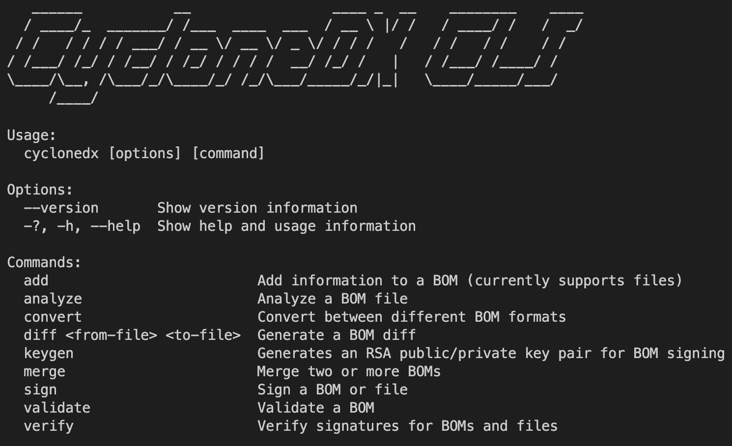 A screenshot of CycloneDX CLI showing Usage, Options, and Commands. 