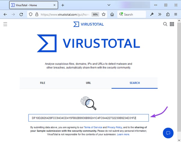 A screenshot of how to paste your hash number into VirusTotal to find out if it good, bad, or unknown.