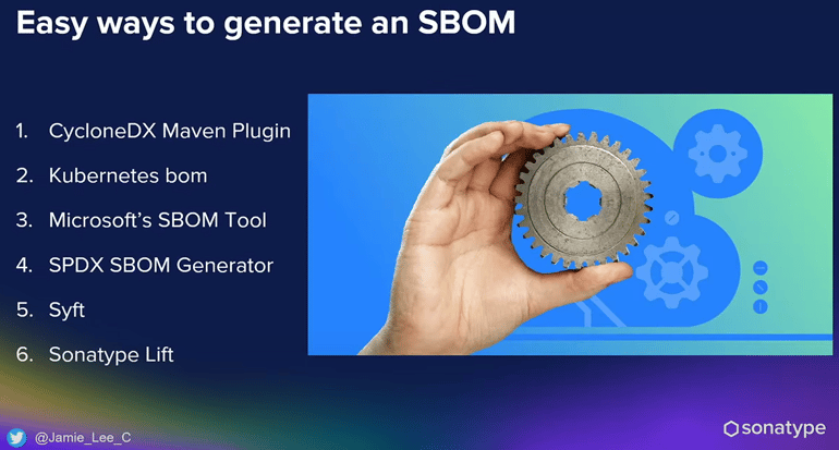 An image listing easy ways to generate an SBOM. They include: CycloneDX Maven Plugin, Kubernetes bom, Microsoft's SBOM Tool, SPDX SBOM Generator, Syft, Sonatype Lift
