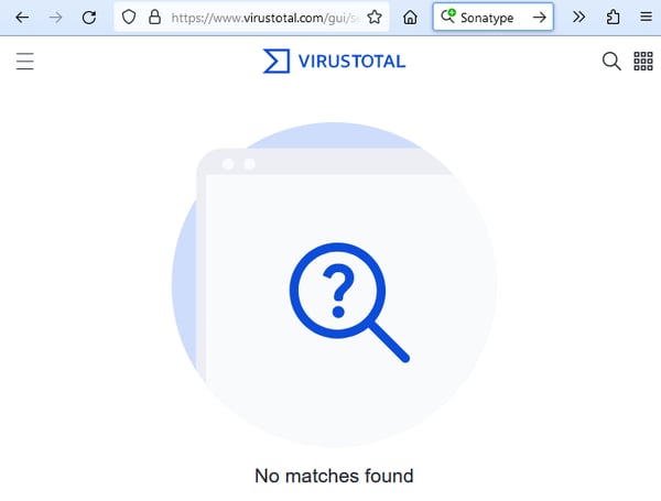 A screenshot of VirusTotal on the "no matches found" screen.