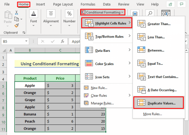 A screesnhot of the navigation menu in Excel under the "Home" drop down. The photo shows a user navigating from "Home" to "Highlight Cells Rules" to "Duplicate Values..."
