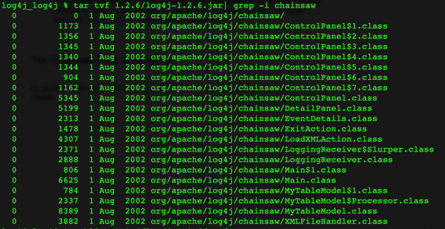 Screenshot of  code that shows the inside one of the Log4j 1.x JARs using “tar -tvf,” and highlights the presence of Chainsaw classes