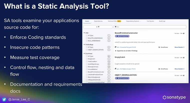 An image that answers the question: what is a static analysis tool? Answers include: SA tools examine your applications source code for enforced coding standards, insecure code patterns, measuring test coverage, control flow, nesting and data flow, documentation and requirements docs.