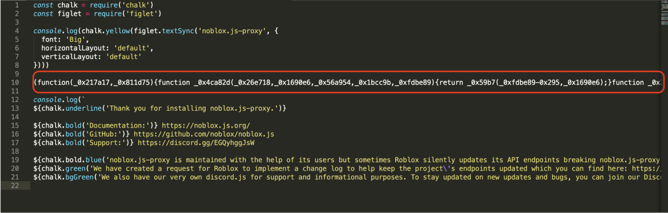 Screenshot of the Malicious postinstall.js file in “noblox.js-proxy:1.0.1”