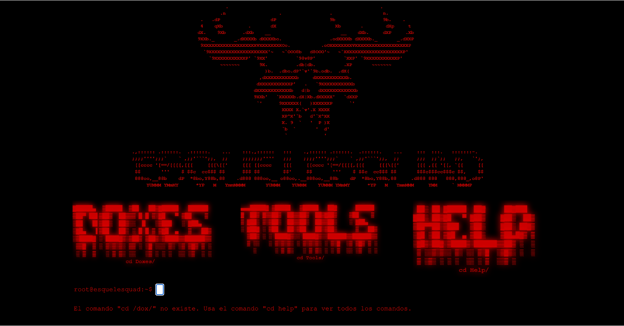 A screenshot of the message that 'EsqueleSquad' uses to direct people to their email address and website. A black background with red font that reads "EsqueleSquad Doxes Tools Help".