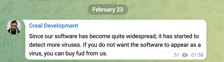 A screenshot of a post from Creal Development that reads "Since our software has become quite widespread, it has started to detect more viruses. If you do not want the software to appear as a virus, you can buy fud from us."