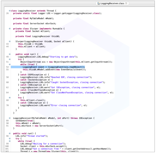 Screenshot of LoggingReceiver.class, the code responsible for untrusted deserialization surfacing within the run() method of its Slurper nested class