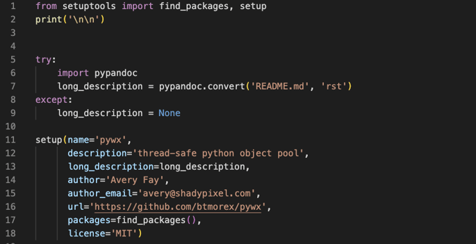 An image showing lines of code in setup.py in pywx. Malicious code hiding in plain sight.