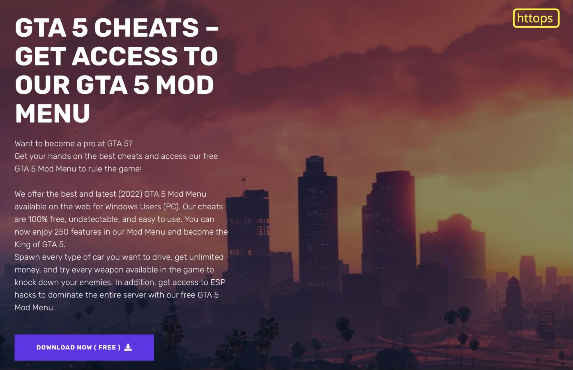 A screenshot of the landing page. The header reads GTA 5 CHEATS - GET ACCESS TO OUR GTA 5 MOD MENU.