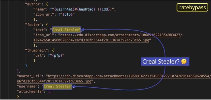 A screenshot showing the code that is an almost exact of W4SP stealer, highlighting the functions in '1337' speak being referred to as "Creal Stealer".