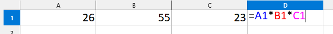 A screenshot of a row in an excel spreadsheet. It is demonstrating what it looks like when you multiply all the cells together to get a unique value. 