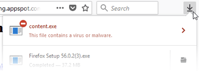 A screenshot of Firefox blocking a virus or malware from being downloaded.