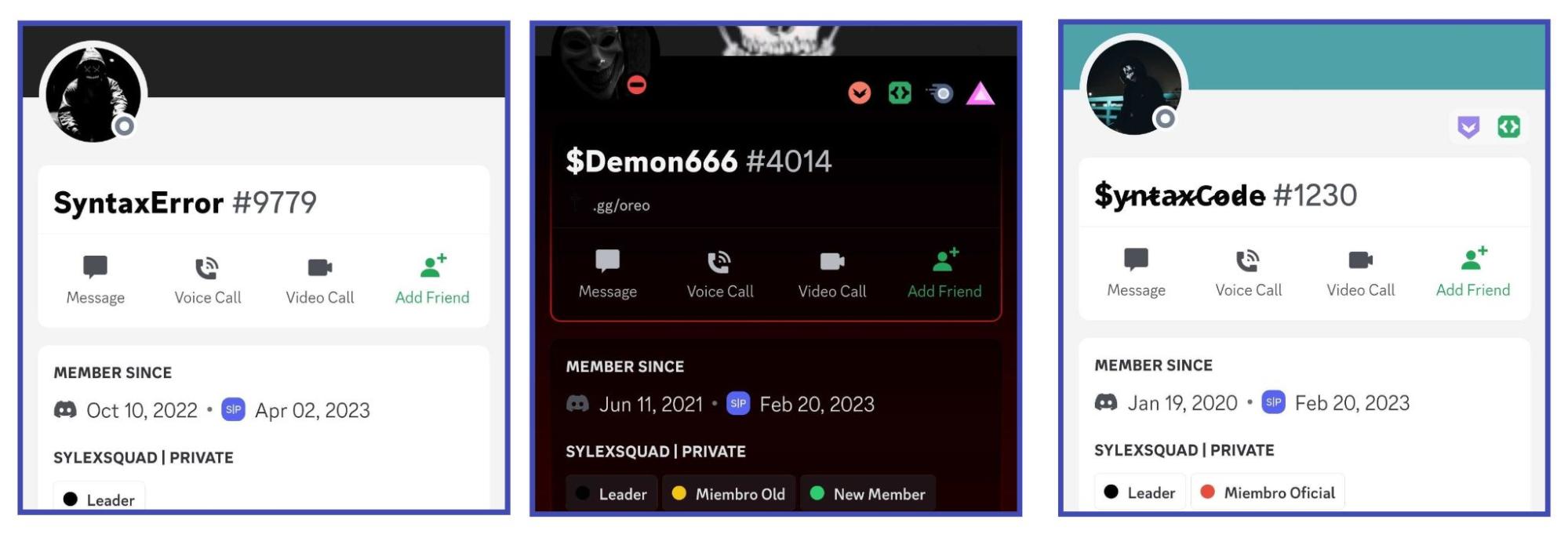 Screenshots of the Discord accounts of the users behind the campaign. It shows users with the usernames SyntaxError #9779, $Demon666 #4014, and $yntaxCode #1230.