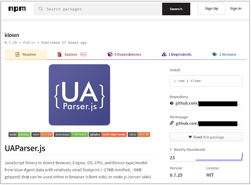 Screenshot of Klown” falsely touting itself to be a legitimate JavaScript library “UA-Parser-js”