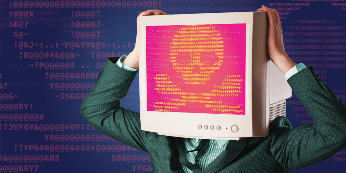 Man with a computer as a head with a skull and crossbones image on it 