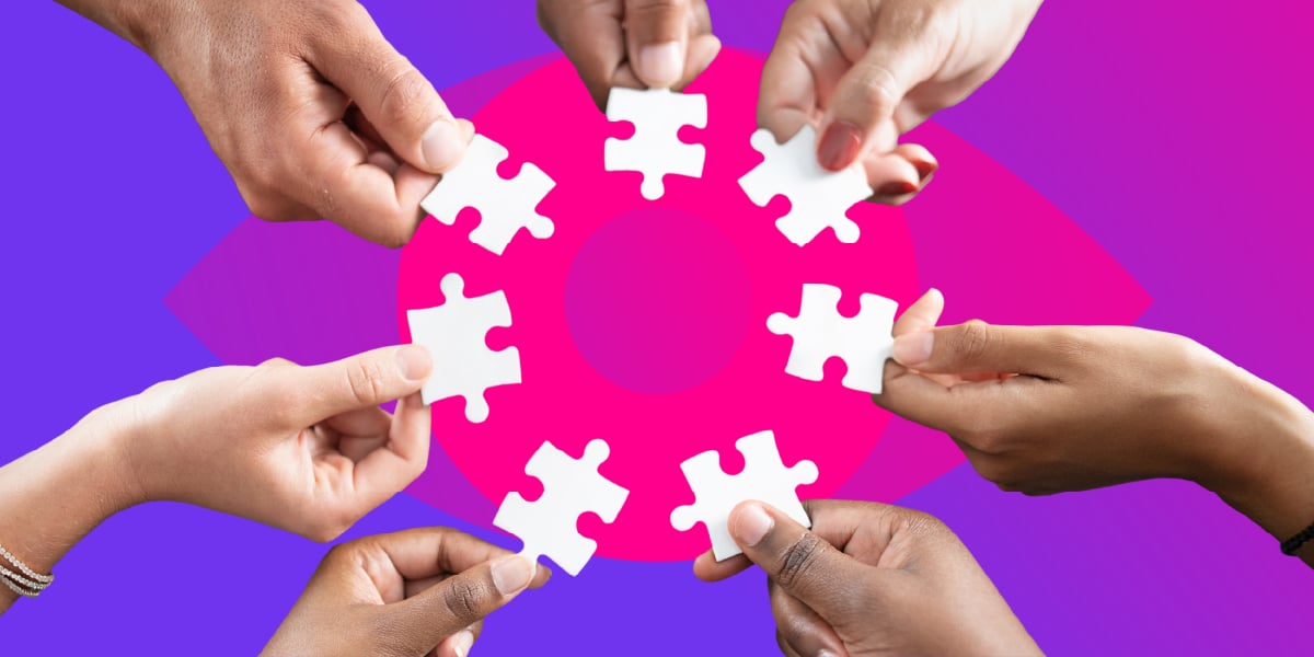 Stylistic image of many hands contributing puzzle peices 
