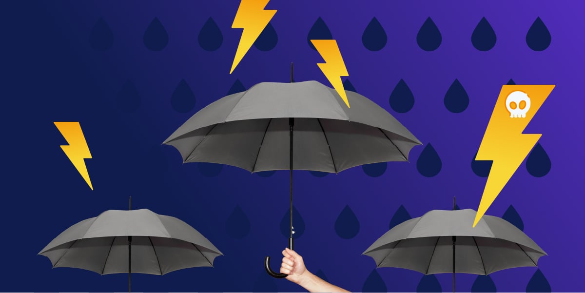 Illustrated picture of lightning bults with skulls raining down on 3 umbrellas