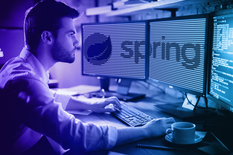 a developer looks at a monitor displaying the Spring logo