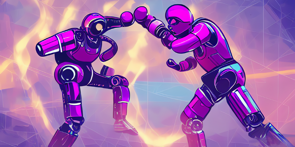AI generated image of two purple robots fighting against the background of blue and purple fire